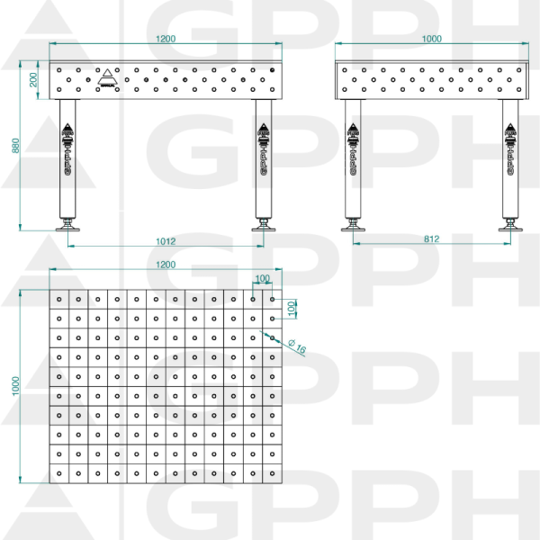 Stół Spawalniczy PLUS INOX Rozmiar - 1200x1000mm, Siatka - 100x100mm, System - Φ16, Nogi - Na stopach - rysunek techniczny