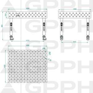 Stół Spawalniczy PLUS INOX Rozmiar - 1200x1000mm, Siatka - 100x100mm, System - Φ28, Nogi - Na kołach - rysunek techniczny