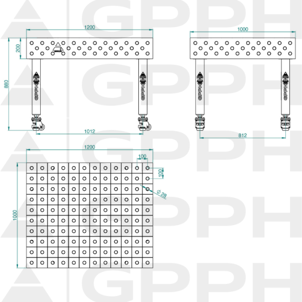 Stół Spawalniczy PLUS INOX Rozmiar - 1200x1000mm, Siatka - 100x100mm, System - Φ28, Nogi - Na kołach - rysunek techniczny