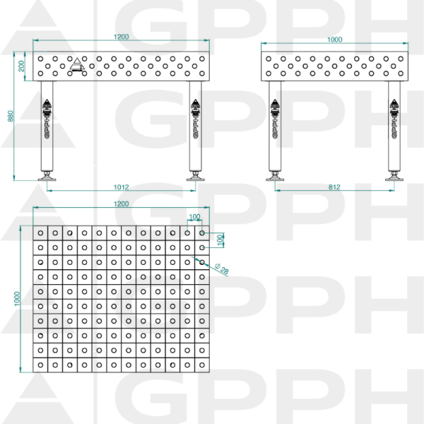 Stół Spawalniczy PLUS INOX Rozmiar - 1200x1000mm, Siatka - 100x100mm, System - Φ28, Nogi - Na stopach - rysunek techniczny