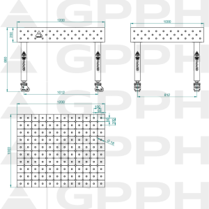 Stół Spawalniczy PLUS INOX Rozmiar - 1200x1000mm, Siatka - DIAGONALNA, System - Φ16, Nogi - Na kołach - rysunek techniczny