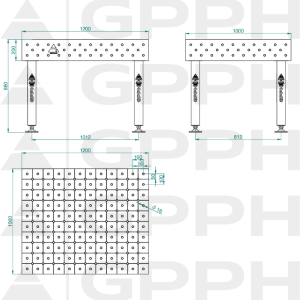 Stół Spawalniczy PLUS INOX Rozmiar - 1200x1000mm, Siatka - DIAGONALNA, System - Φ16, Nogi - Na stopach - rysunek techniczny