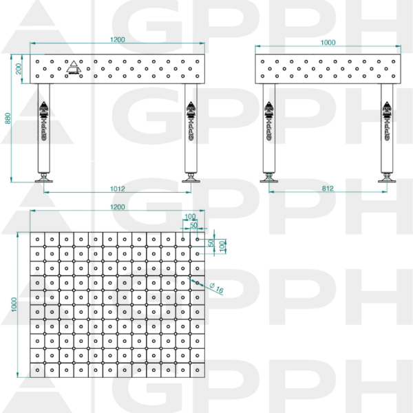 Stół Spawalniczy PLUS INOX Rozmiar - 1200x1000mm, Siatka - DIAGONALNA, System - Φ16, Nogi - Na stopach - rysunek techniczny
