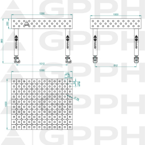 Stół Spawalniczy PLUS INOX Rozmiar - 1200x1000mm, Siatka - DIAGONALNA, System - Φ28, Nogi - Na kołach - rysunek techniczny
