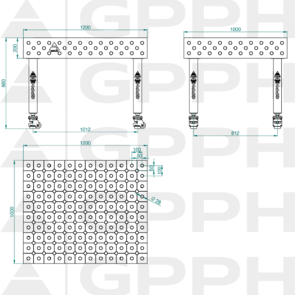 Stół Spawalniczy PLUS INOX Rozmiar - 1200x1000mm, Siatka - DIAGONALNA, System - Φ28, Nogi - Na kołach - rysunek techniczny