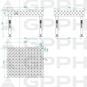 Stół Spawalniczy PLUS INOX Rozmiar - 1200x1000mm, Siatka - DIAGONALNA, System - Φ28, Nogi - Na stopach - rysunek techniczny