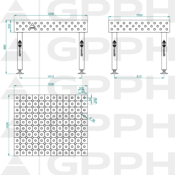 Stół Spawalniczy PLUS INOX Rozmiar - 1200x1000mm, Siatka - DIAGONALNA, System - Φ28, Nogi - Na stopach - rysunek techniczny