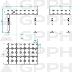 Stół Spawalniczy PLUS INOX Rozmiar - 1200x800mm, Siatka - 50x50mm, System - Φ16, Nogi - Na stopach - rysunek techniczny