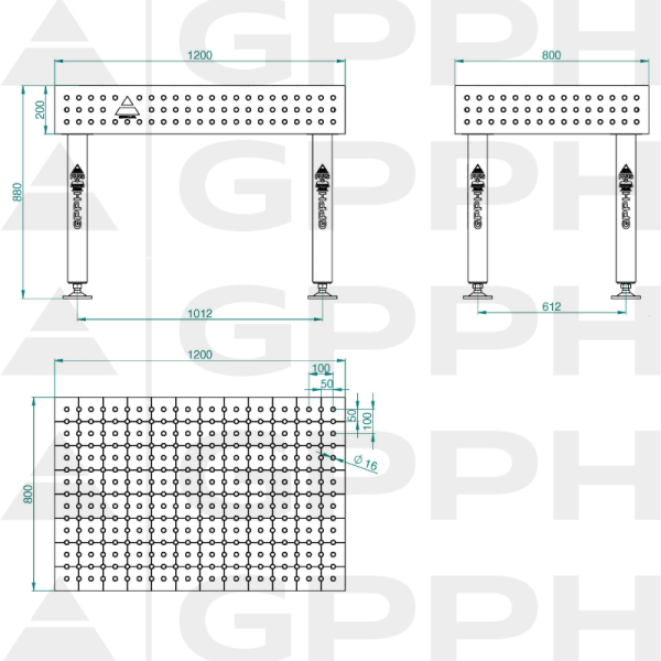 Stół Spawalniczy PLUS INOX Rozmiar - 1200x800mm, Siatka - 50x50mm, System - Φ16, Nogi - Na stopach - rysunek techniczny