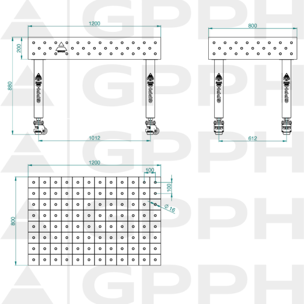 Stół Spawalniczy PLUS INOX Rozmiar - 1200x800mm, Siatka - 100x100mm, System - Φ16, Nogi - Na kołach - rysunek techniczny