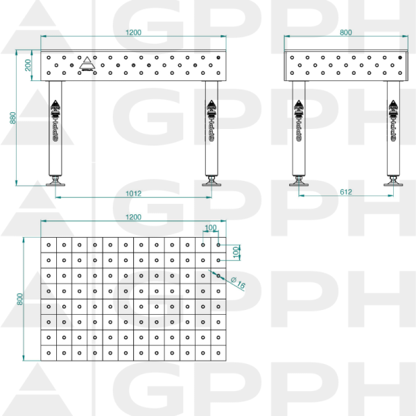 Stół Spawalniczy PLUS INOX Rozmiar - 1200x800mm, Siatka - 100x100mm, System - Φ16, Nogi - Na stopach - rysunek techniczny