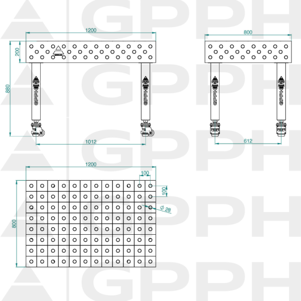 Stół Spawalniczy PLUS INOX Rozmiar - 1200x800mm, Siatka - 100x100mm, System - Φ28, Nogi - Na kołach - rysunek techniczny