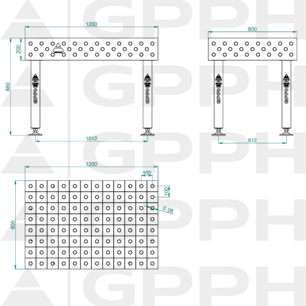 Stół Spawalniczy PLUS INOX Rozmiar - 1200x800mm, Siatka - 100x100mm, System - Φ28, Nogi - Na stopach - rysunek techniczny