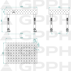 Stół Spawalniczy PLUS INOX Rozmiar - 1200x800mm, Siatka - DIAGONALNA, System - Φ16, Nogi - Na kołach - rysunek techniczny