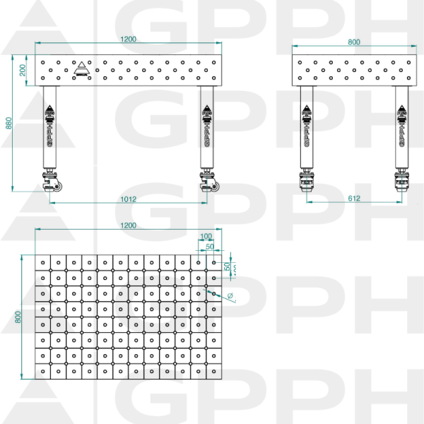 Stół Spawalniczy PLUS INOX Rozmiar - 1200x800mm, Siatka - DIAGONALNA, System - Φ16, Nogi - Na kołach - rysunek techniczny