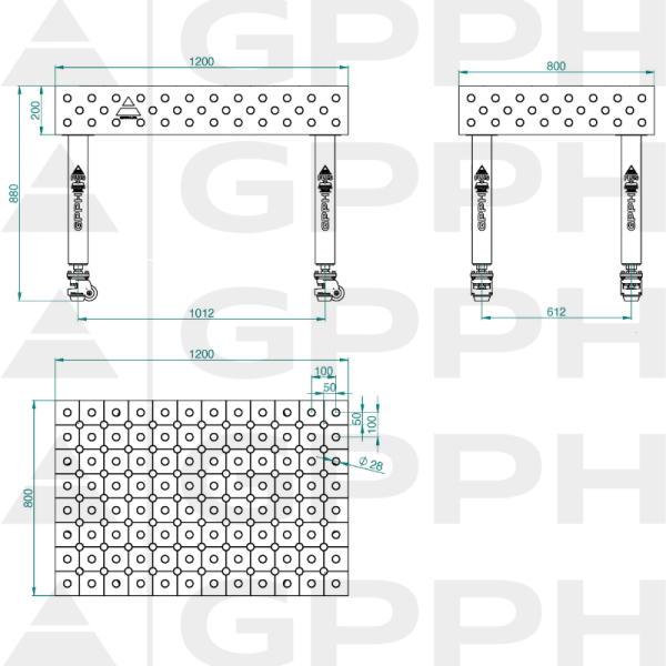 Stół Spawalniczy PLUS INOX Rozmiar - 1200x800mm, Siatka - DIAGONALNA, System - Φ28, Nogi - Na kołach - rysunek techniczny