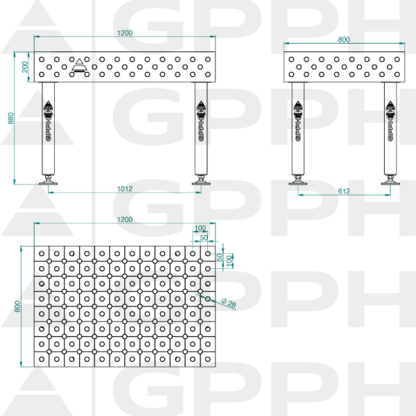 Stół Spawalniczy PLUS INOX Rozmiar - 1200x800mm, Siatka - DIAGONALNA, System - Φ28, Nogi - Na stopach - rysunek techniczny