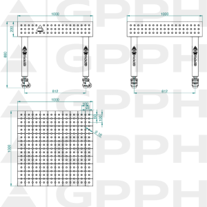 Stół Spawalniczy PLUS INOX Rozmiar - 1000x1000mm, Siatka - 50x50mm, System - Φ16, Nogi - Na kołach - rysunek techniczny