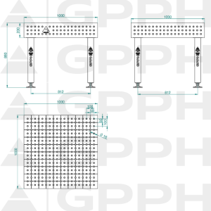 Stół Spawalniczy PLUS INOX Rozmiar - 1000x1000mm, Siatka - 50x50mm, System - Φ16, Nogi - Na stopach - rysunek techniczny