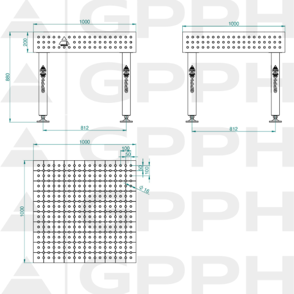 Stół Spawalniczy PLUS INOX Rozmiar - 1000x1000mm, Siatka - 50x50mm, System - Φ16, Nogi - Na stopach - rysunek techniczny
