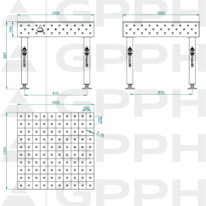 Stół Spawalniczy PLUS INOX Rozmiar - 1000x1000mm, Siatka - 100x100mm, System - Φ16, Nogi - Na stopach - rysunek techniczny