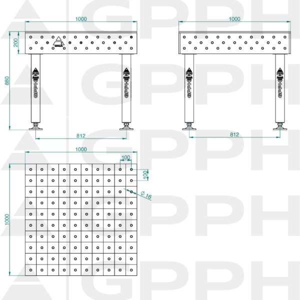 Stół Spawalniczy PLUS INOX Rozmiar - 1000x1000mm, Siatka - 100x100mm, System - Φ16, Nogi - Na stopach - rysunek techniczny