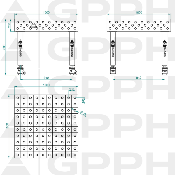 Stół Spawalniczy PLUS INOX Rozmiar - 1000x1000mm, Siatka - 100x100mm, System - Φ28, Nogi - Na kołach - rysunek techniczny