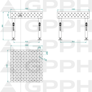 Stół Spawalniczy PLUS INOX Rozmiar - 1000x1000mm, Siatka - 100x100mm, System - Φ28, Nogi - Na stopach - rysunek techniczny