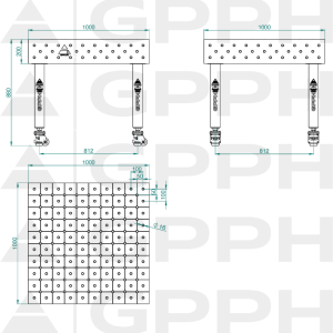 Stół Spawalniczy PLUS INOX Rozmiar - 1000x1000mm, Siatka - DIAGONALNA, System - Φ16, Nogi - Na kołach - rysunek techniczny