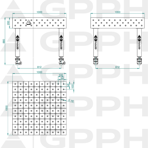 Stół Spawalniczy PLUS INOX Rozmiar - 1000x1000mm, Siatka - DIAGONALNA, System - Φ16, Nogi - Na kołach - rysunek techniczny