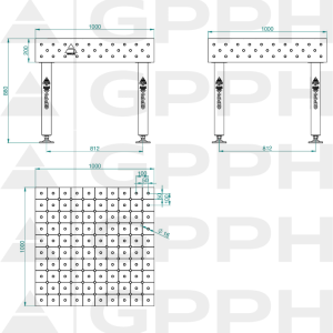 Stół Spawalniczy PLUS INOX Rozmiar - 1000x1000mm, Siatka - DIAGONALNA, System - Φ16, Nogi - Na stopach - rysunek techniczny