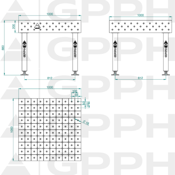 Stół Spawalniczy PLUS INOX Rozmiar - 1000x1000mm, Siatka - DIAGONALNA, System - Φ16, Nogi - Na stopach - rysunek techniczny