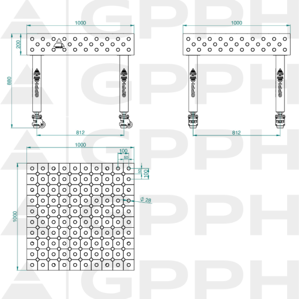 Stół Spawalniczy PLUS INOX Rozmiar - 1000x1000mm, Siatka - DIAGONALNA, System - Φ28, Nogi - Na kołach - rysunek techniczny