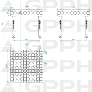 Stół Spawalniczy PLUS INOX Rozmiar - 1000x1000mm, Siatka - DIAGONALNA, System - Φ28, Nogi - Na stopach - rysunek techniczny