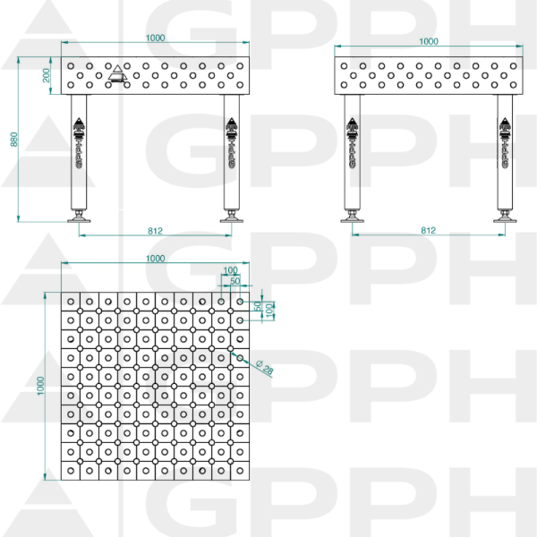 Stół Spawalniczy PLUS INOX Rozmiar - 1000x1000mm, Siatka - DIAGONALNA, System - Φ28, Nogi - Na stopach - rysunek techniczny
