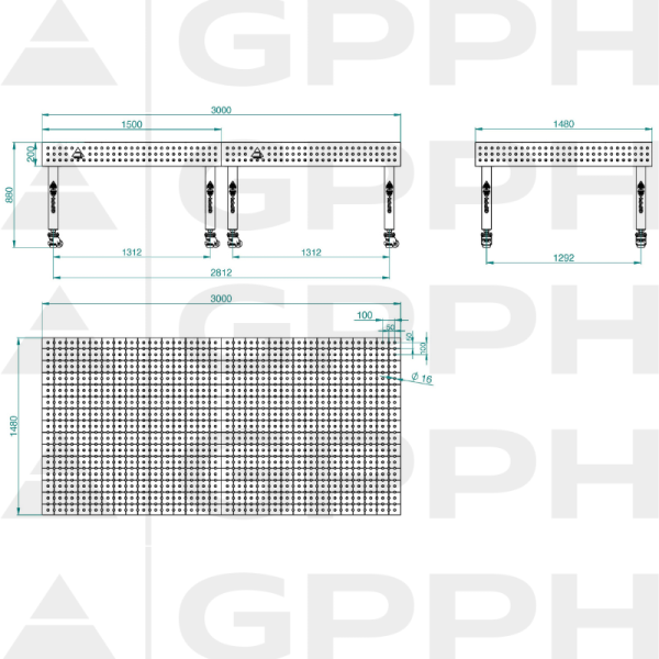 Stół Spawalniczy PLUS INOX Rozmiar - 3000x1480mm, Siatka - 50x50mm, System - Φ16, Nogi - Na kołach - rysunek techniczny