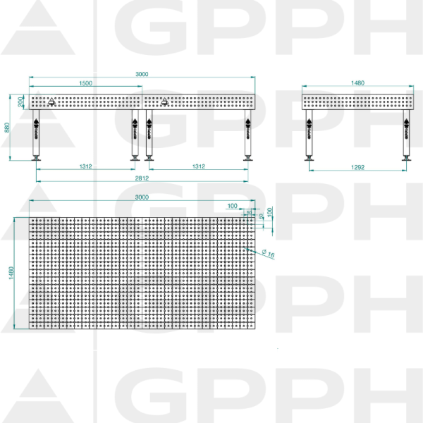 Stół Spawalniczy PLUS INOX Rozmiar - 3000x1480mm, Siatka - 50x50mm, System - Φ16, Nogi - Na stopach - rysunek techniczny