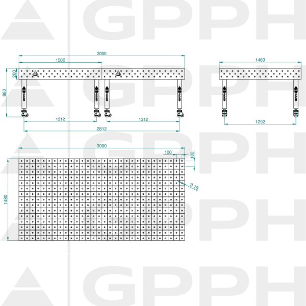 Stół Spawalniczy PLUS INOX Rozmiar - 3000x1480mm, Siatka - 100x100mm, System - Φ16, Nogi - Na kołach - rysunek techniczny