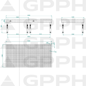 Stół Spawalniczy PLUS INOX Rozmiar - 3000x1480mm, Siatka - 100x100mm, System - Φ16, Nogi - Na stopach - rysunek techniczny