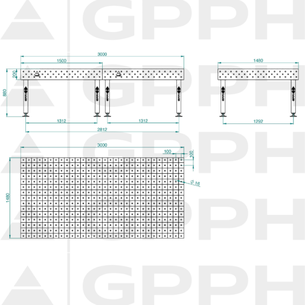 Stół Spawalniczy PLUS INOX Rozmiar - 3000x1480mm, Siatka - 100x100mm, System - Φ16, Nogi - Na stopach - rysunek techniczny