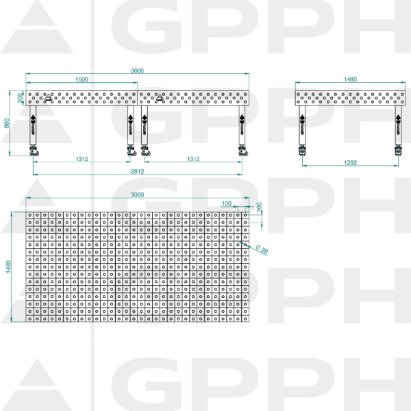 Stół Spawalniczy PLUS INOX Rozmiar - 3000x1480mm, Siatka - 100x100mm, System - Φ28, Nogi - Na kołach - rysunek techniczny