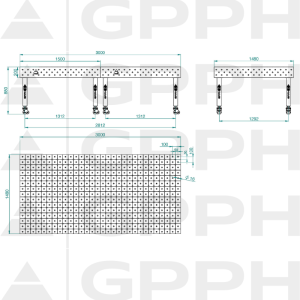 Stół Spawalniczy PLUS INOX Rozmiar - 3000x1480mm, Siatka - DIAGONALNA, System - Φ16, Nogi - Na kołach - rysunek techniczny