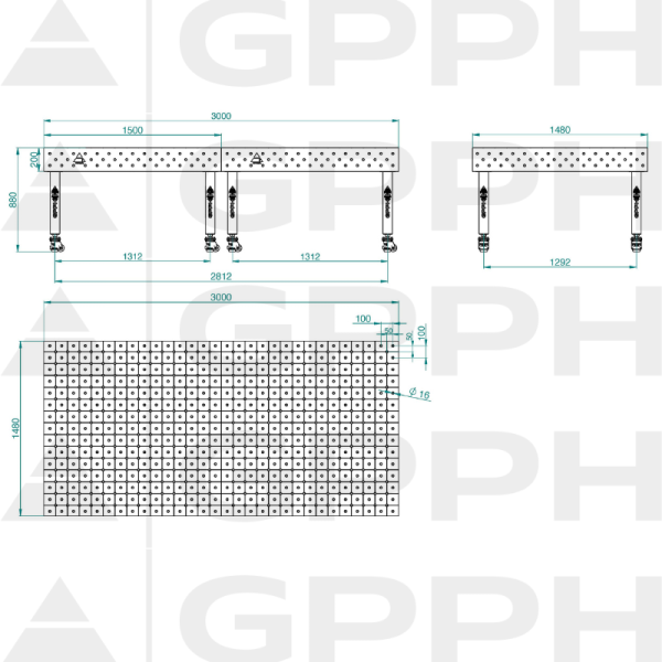 Stół Spawalniczy PLUS INOX Rozmiar - 3000x1480mm, Siatka - DIAGONALNA, System - Φ16, Nogi - Na kołach - rysunek techniczny