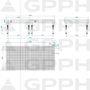 Stół Spawalniczy PLUS INOX Rozmiar - 3000x1480mm, Siatka - DIAGONALNA, System - Φ16, Nogi - Na stopach - rysunek techniczny