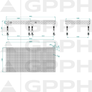 Stół Spawalniczy PLUS INOX Rozmiar - 3000x1480mm, Siatka - DIAGONALNA, System - Φ28, Nogi - Na kołach - rysunek techniczny