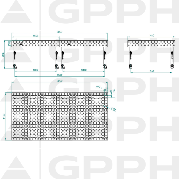 Stół Spawalniczy PLUS INOX Rozmiar - 3000x1480mm, Siatka - DIAGONALNA, System - Φ28, Nogi - Na kołach - rysunek techniczny