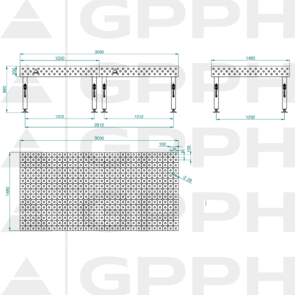 Stół Spawalniczy PLUS INOX Rozmiar - 3000x1480mm, Siatka - DIAGONALNA, System - Φ28, Nogi - Na stopach - rysunek techniczny