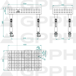 Stół Spawalniczy PLUS INOX Rozmiar - 1000x600mm, Siatka - 50x50mm, System - Φ16, Nogi - Na kołach - rysunek techniczny
