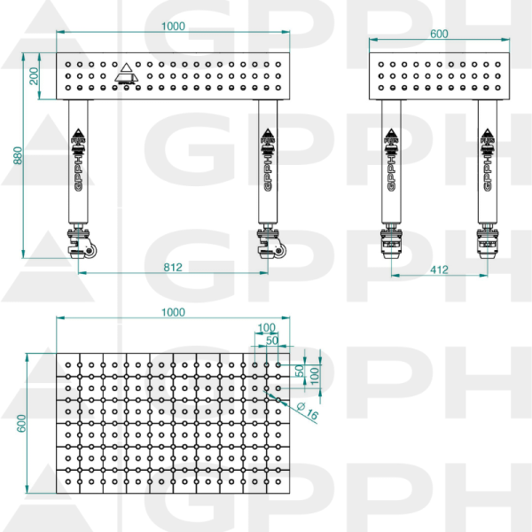 Stół Spawalniczy PLUS INOX Rozmiar - 1000x600mm, Siatka - 50x50mm, System - Φ16, Nogi - Na kołach - rysunek techniczny