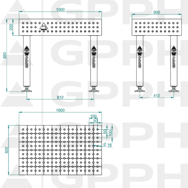 Stół Spawalniczy PLUS INOX Rozmiar - 1000x600mm, Siatka - 50x50mm, System - Φ16, Nogi - Na stopach - rysunek techniczny